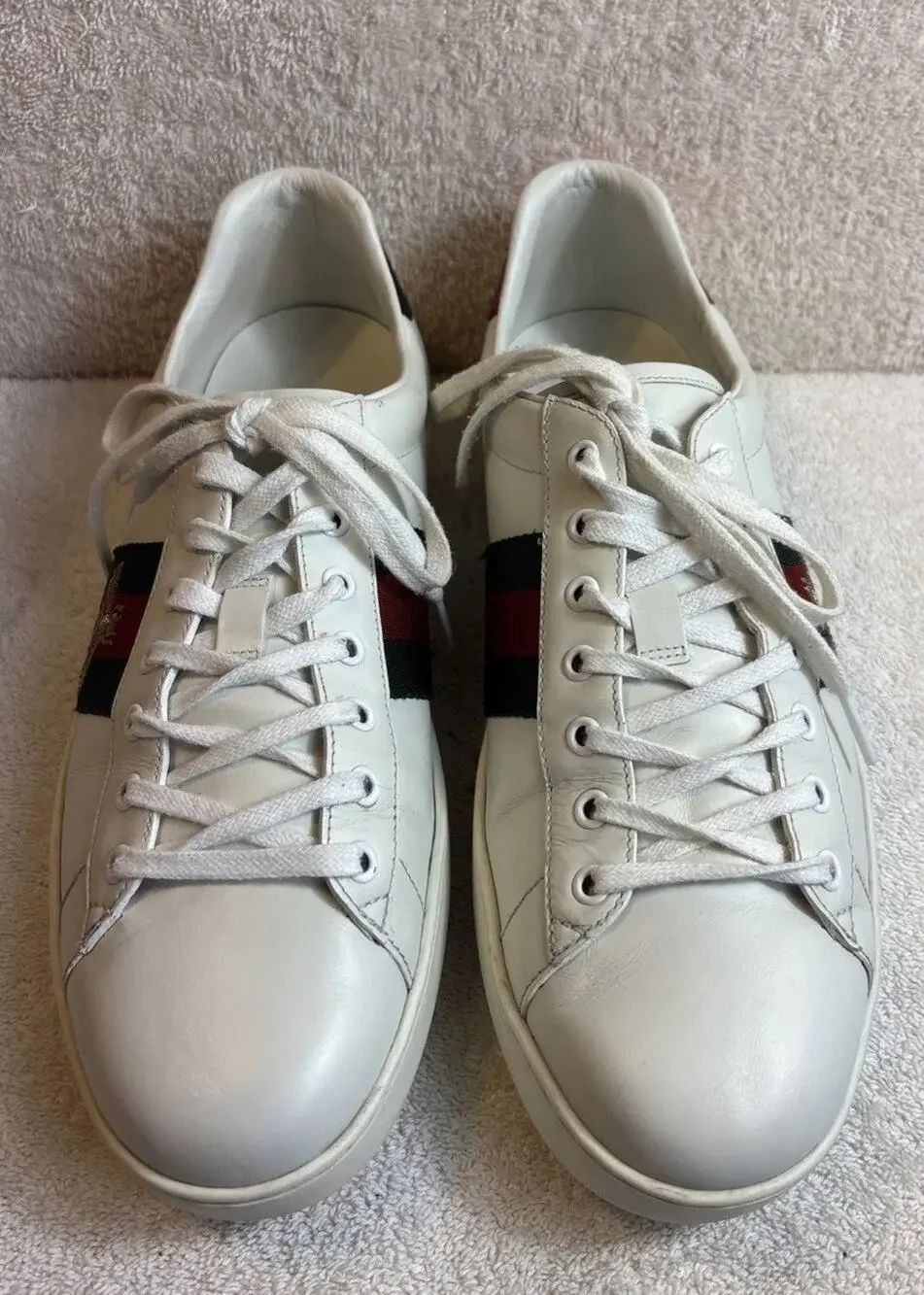 Gucci Ace Men’s Low Top Lace-Up Sneakers White Green Red Web Stripe Bee SZ 11.5